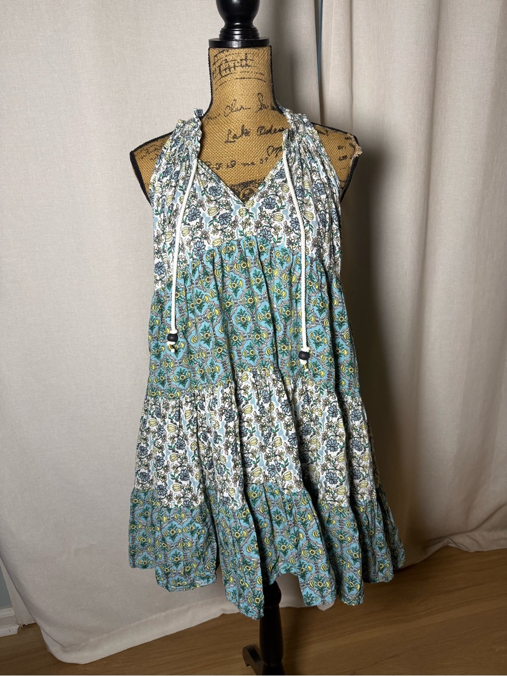 Ro's Garden Boho Sofia dress Tiered Halter Dress in Teal and White 100% cotton